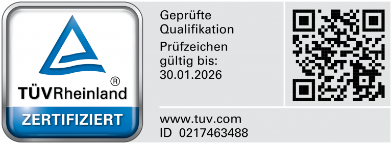 TÜV Rheinland: geprüfte Qualifikation Veranstaltungssicherheit, Prüfzeichen 0217463488