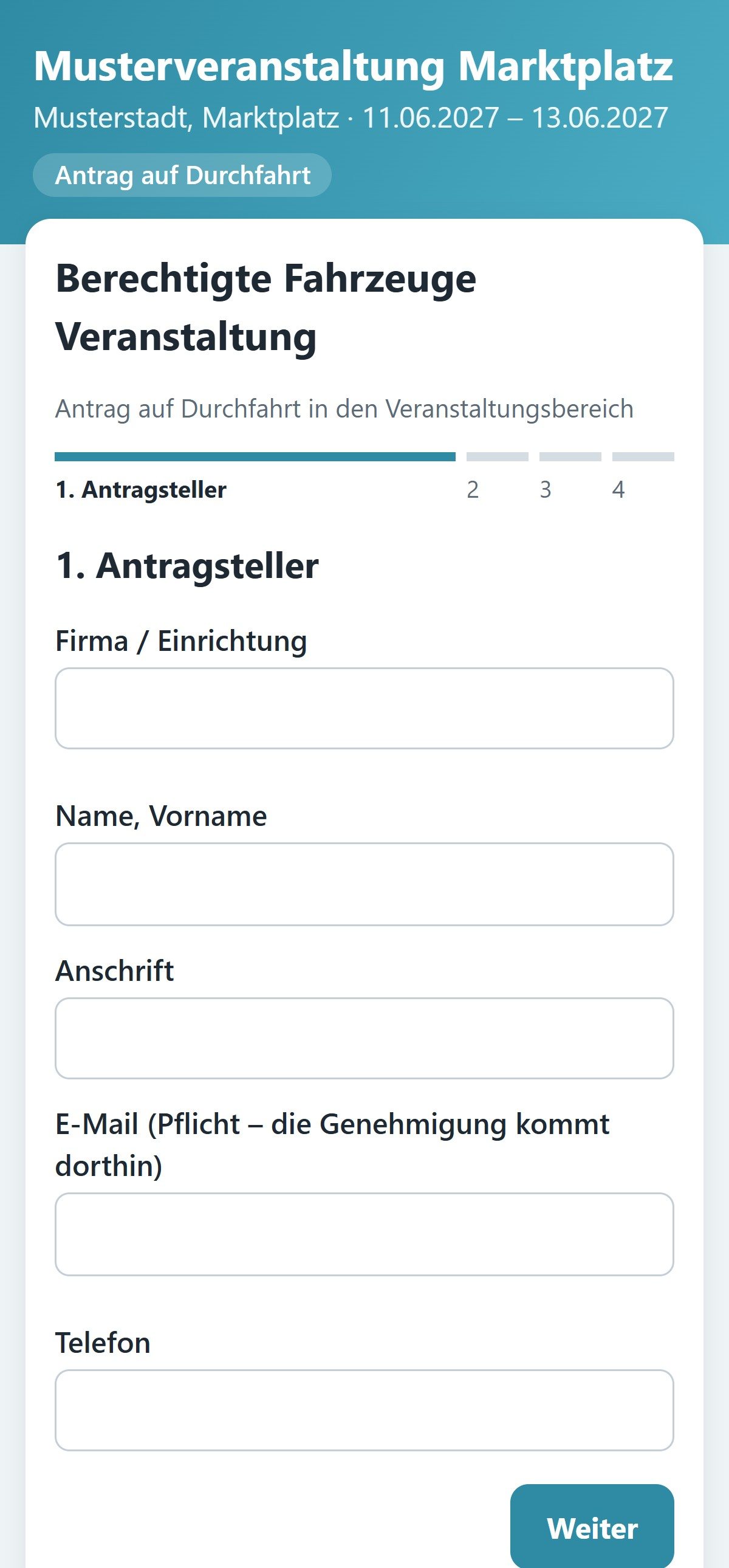 Antragsformular auf dem Handy: Schritt 1 Antragsteller mit Firma, Name, Anschrift, E-Mail und Telefon, Fortschritt über vier Schritte