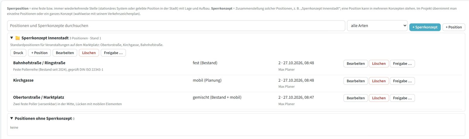 Bibliothek: Sperrkonzept Innenstadt mit drei Positionen, davon eine feste Pollerreihe im Bestand, eine mobile und eine gemischte