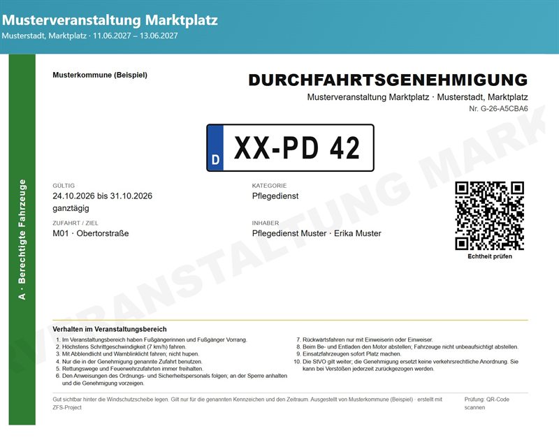 Durchfahrtsgenehmigung als Druck: Kennzeichen im Schilderlook, Gültigkeit, Zufahrt, Inhaber, QR-Code „Echtheit prüfen“, Farbbalken der Kategorie, Verhaltensregeln