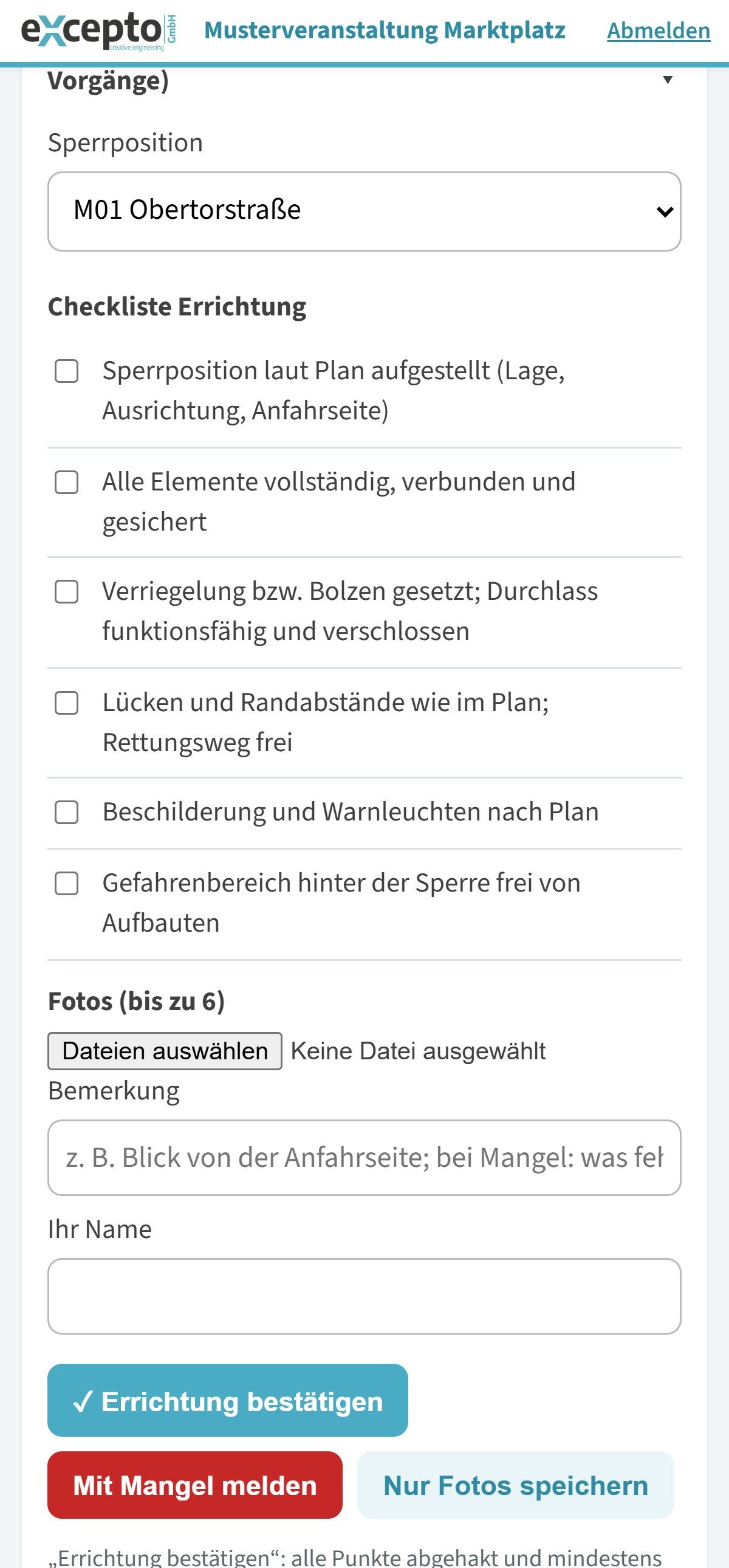 Errichtung bestätigen auf dem Handy: Checkliste mit sechs Punkten, Fotos, Bemerkung, Name, Schaltflächen Errichtung bestätigen, Mit Mangel melden, Nur Fotos speichern