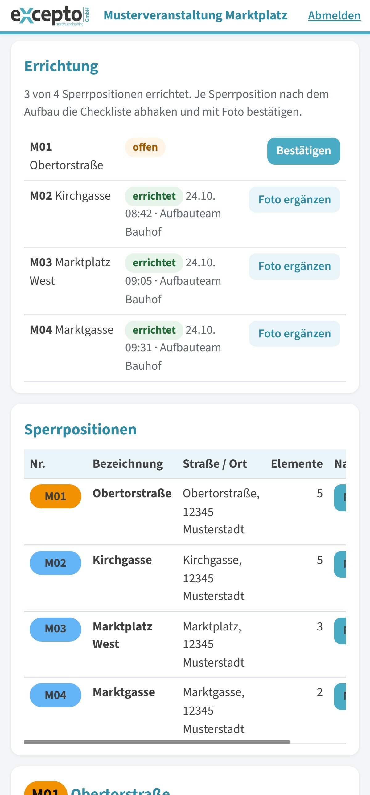 Externer Zugang auf dem Handy: Errichtung, 3 von 4 Sperrpositionen errichtet, M01 offen mit Schaltfläche Bestätigen, M02 bis M04 errichtet mit Zeit und Team