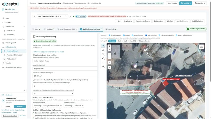 Gefährdungsbeurteilung einer Sperrposition mit Ortsfaktoren, Risikomatrix vorher und nachher und Wirksamkeit der Maßnahmen