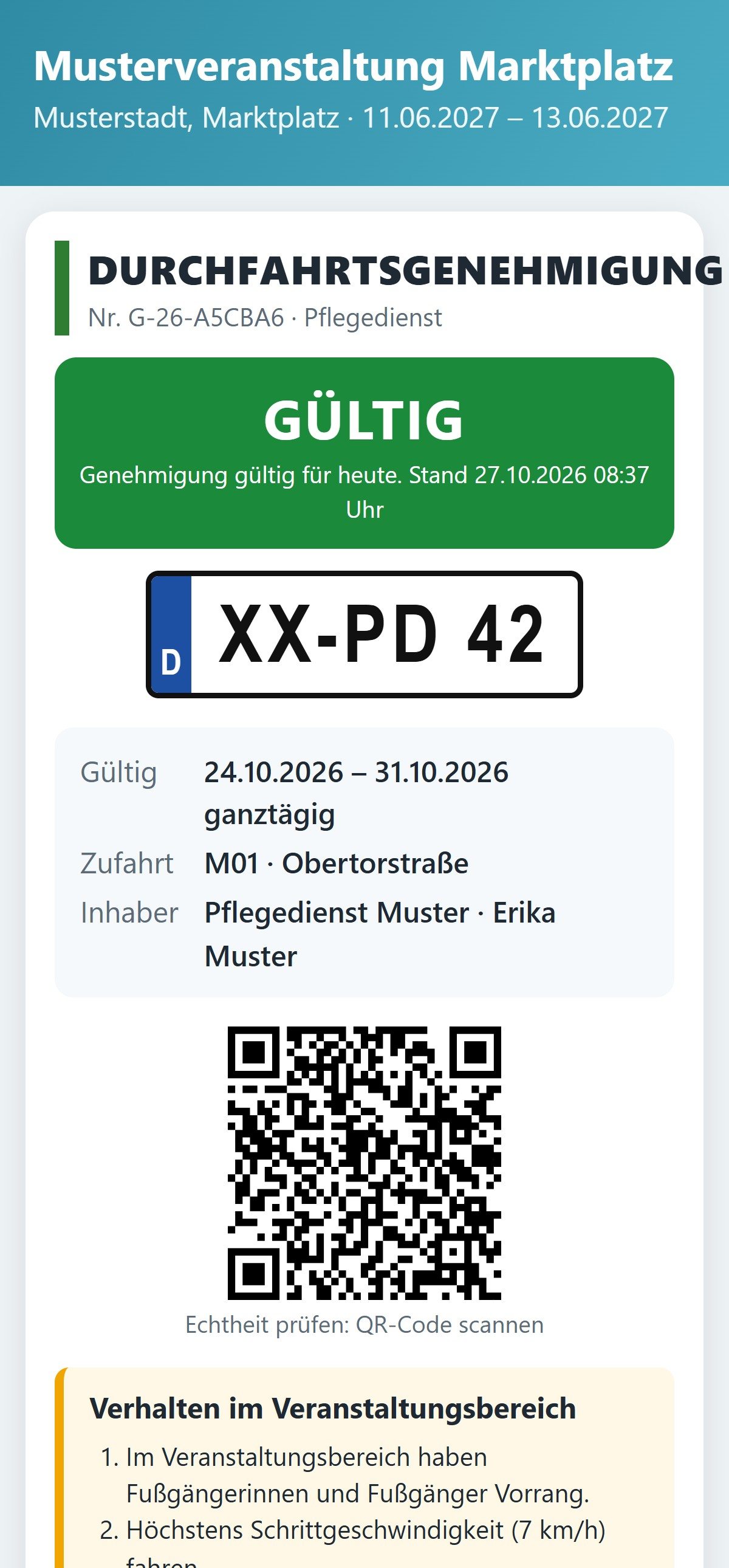 Durchfahrtsgenehmigung auf dem Handy: gültig, Kennzeichen, Zeitraum, Zufahrt, QR-Code, Verhaltensregeln