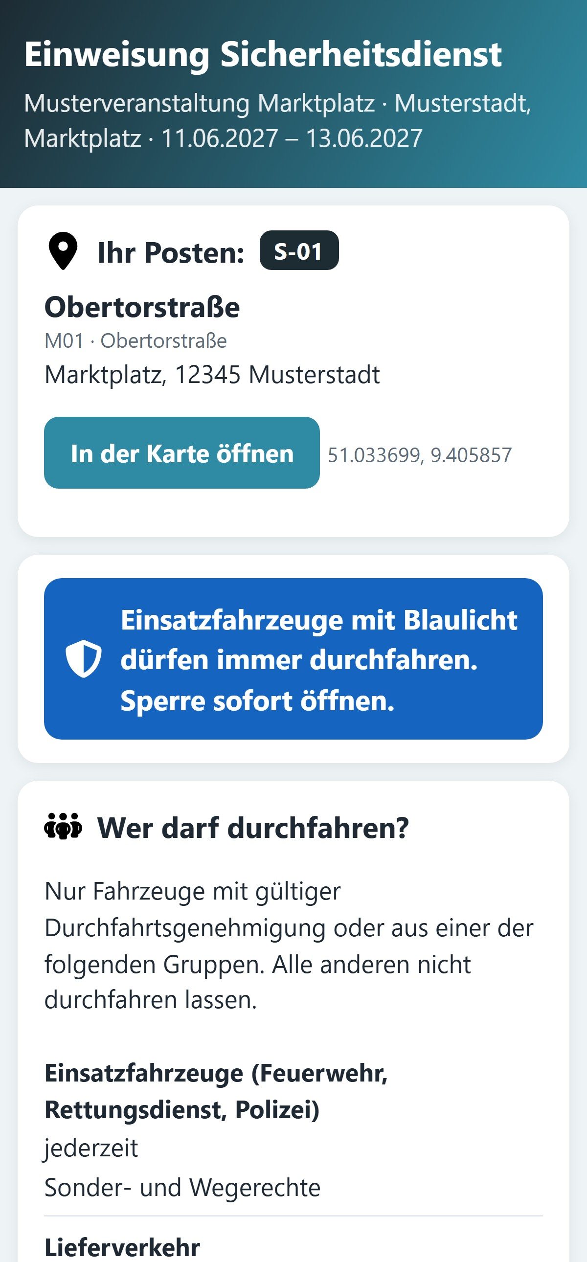 Postenlink auf dem Handy: Einweisung Sicherheitsdienst mit Posten, Karte, Blaulicht-Vorrang und Regel, wer durchfahren darf