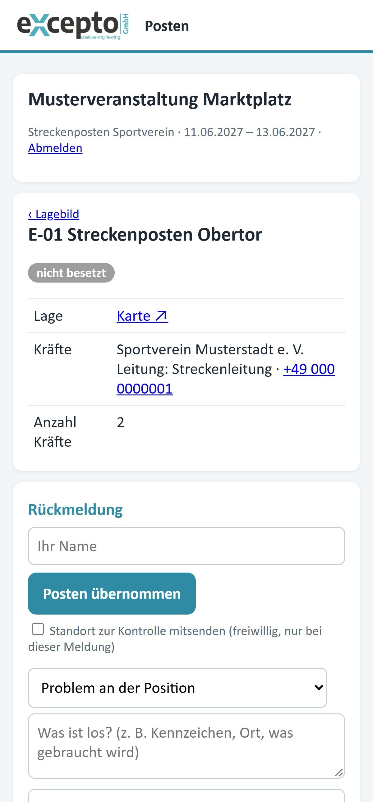 Postenlink für Streckenposten auf dem Handy: Posten E-01 mit Karte, Kräfte und Leitung, Rückmeldung „Posten übernommen“, Meldung, Posten verlassen