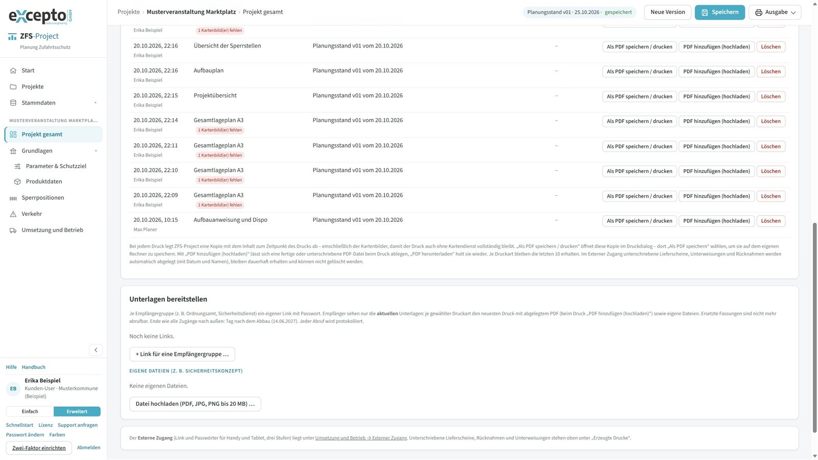 Projekt gesamt, Dokumente: Erzeugte Drucke mit „Als PDF speichern / drucken“ und „PDF hinzufügen“, darunter Unterlagen bereitstellen mit Link je Empfängergruppe und eigenen Dateien