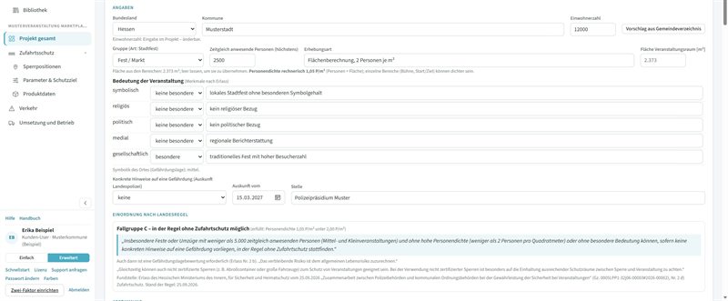 Vorprüfung Erforderlichkeit von Zufahrtsschutz mit Angaben, Einordnung nach Landesregel und Fundstelle